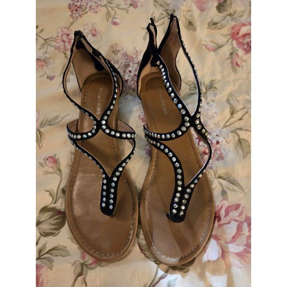 Maurices Black Strappy Sparkly Rhinestone Low Wedge Back Zip Sandals Size 7